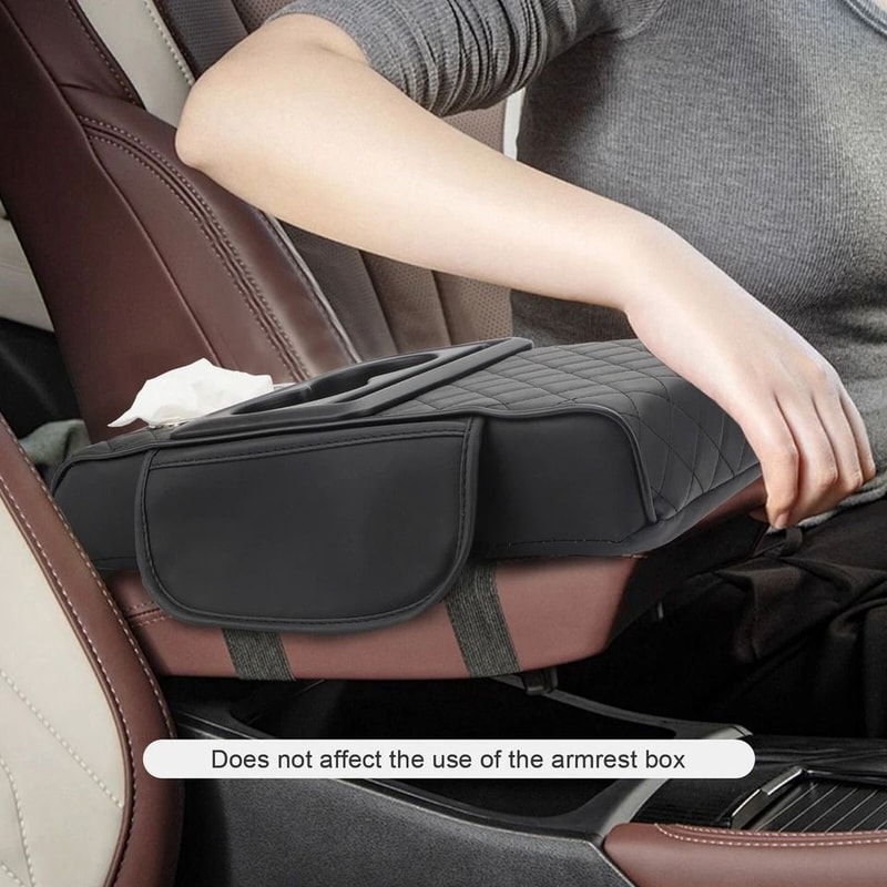 Armrest Pillow For Car Center Console Leather Cover With Storage Cup Holder Phone Slot Tissue Box 4