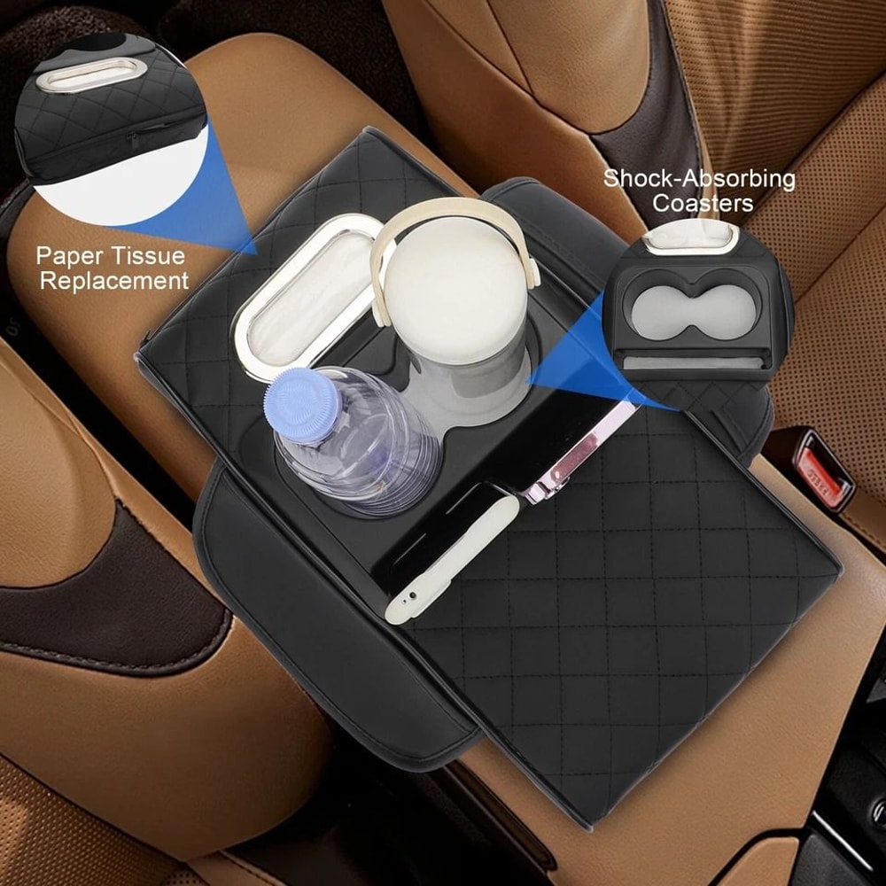 Armrest Pillow For Car Center Console Leather Cover With Storage Cup Holder Phone Slot Tissue Box 5