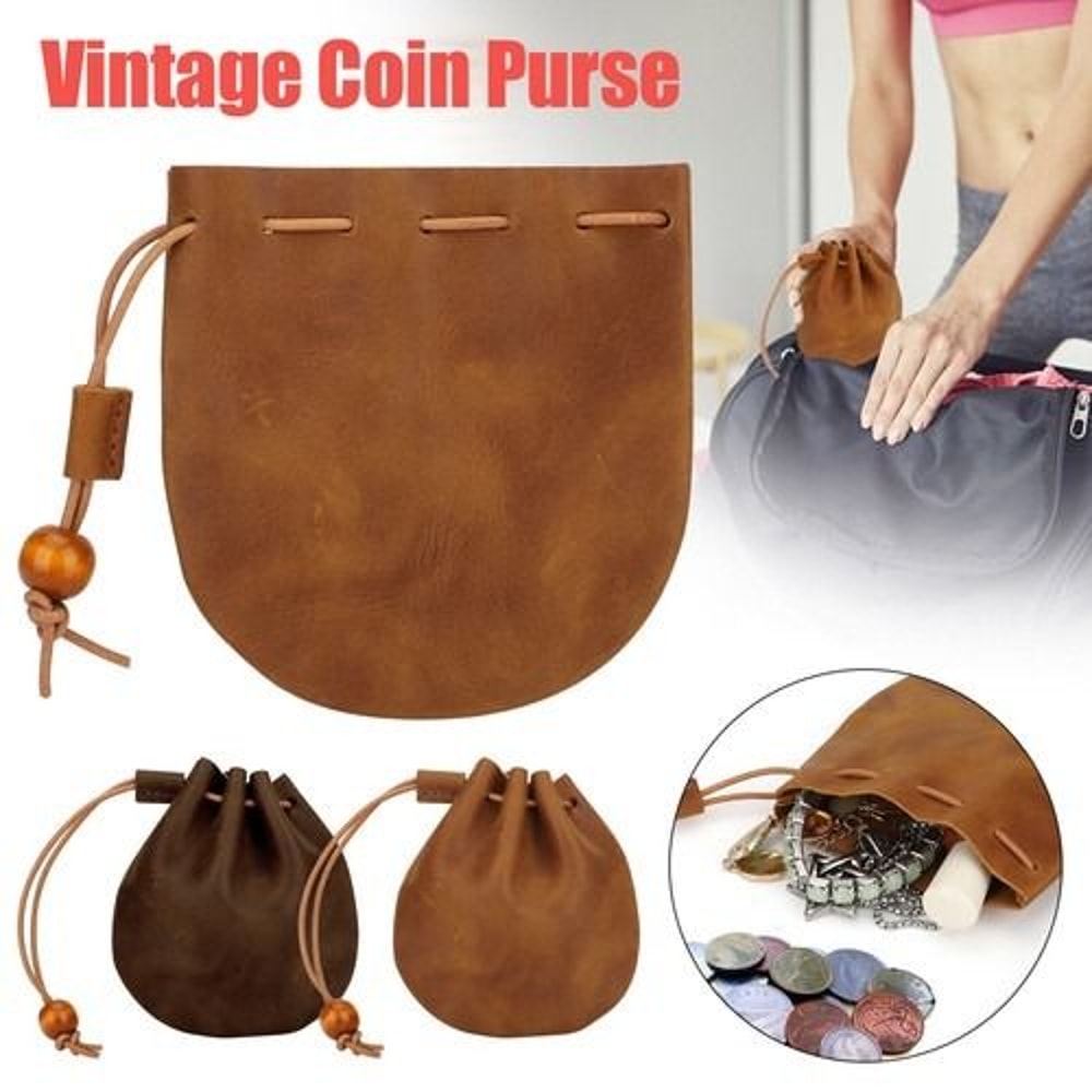 Vintage Leather Coin Purse Drawstring Bag Small Money Case Unisex Leather Wallet Pouch For Travel 1