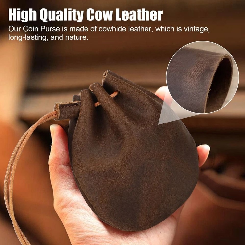 Vintage Leather Coin Purse Drawstring Bag Small Money Case Unisex Leather Wallet Pouch For Travel 3