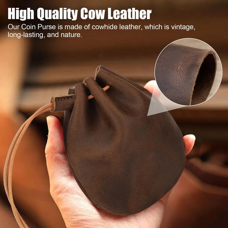 Vintage Leather Coin Purse Drawstring Bag Small Money Case Unisex Leather Wallet Pouch For Travel 3