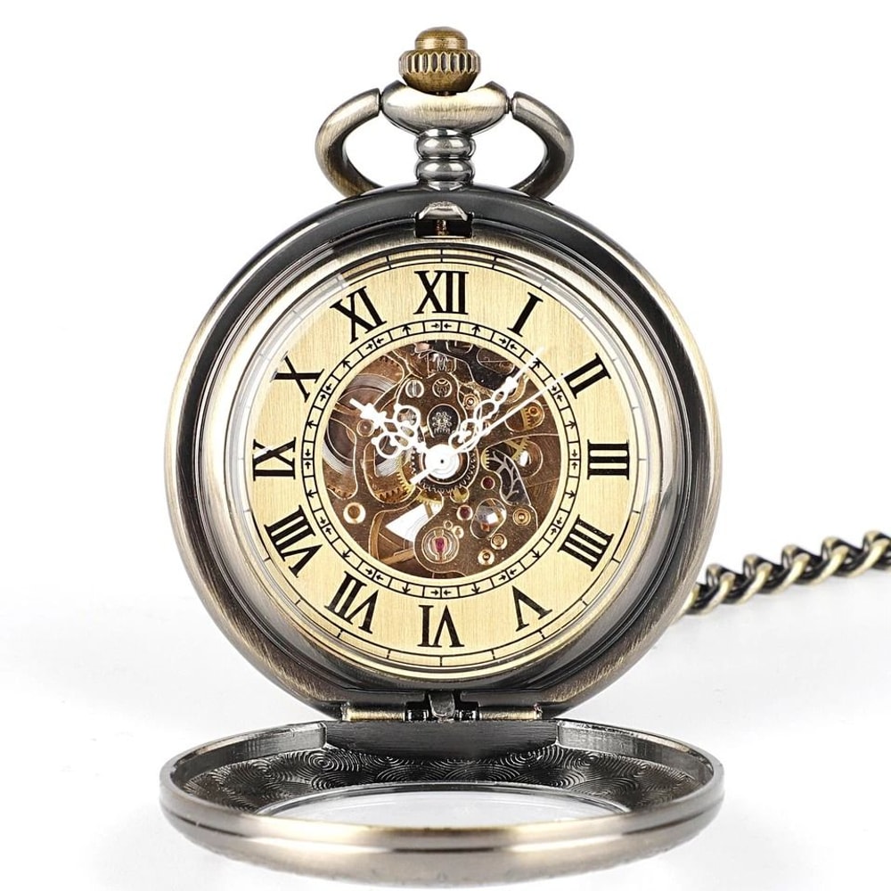 Roman Numerals Vintage Mechanical Pocket Watch Skeleton Dial Automatic Chain For Collectors And Cos 0