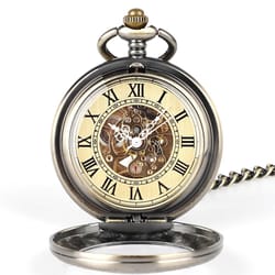 roman numerals vintage mechanical pocket watch, skeleton dial, automatic, chain for collectors and cosplay