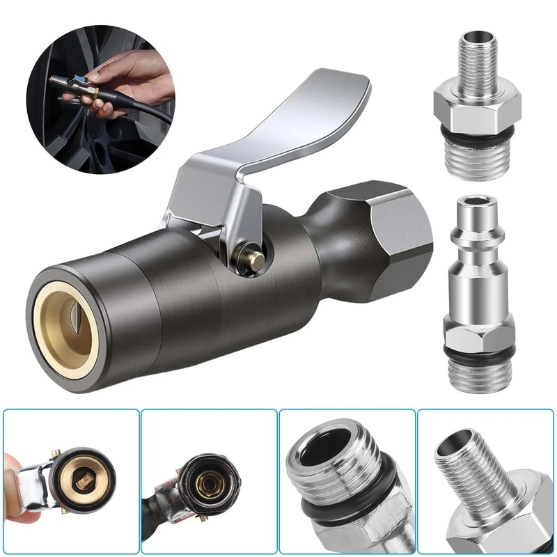 Tire Inflator Lockon Air Chuck Schrader Valve Compatible Double Jaw Lock Female NPT Thread HeavyDut 0