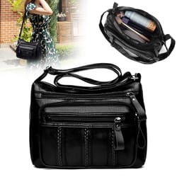 stylish women's pu shoulder bag, cross body handbag with multiple pockets, adjustable wallet, black pu messenger bag