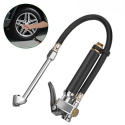 tire inflator with pressure gauge, dual head air chuck for easy inflation, heavy-duty hose