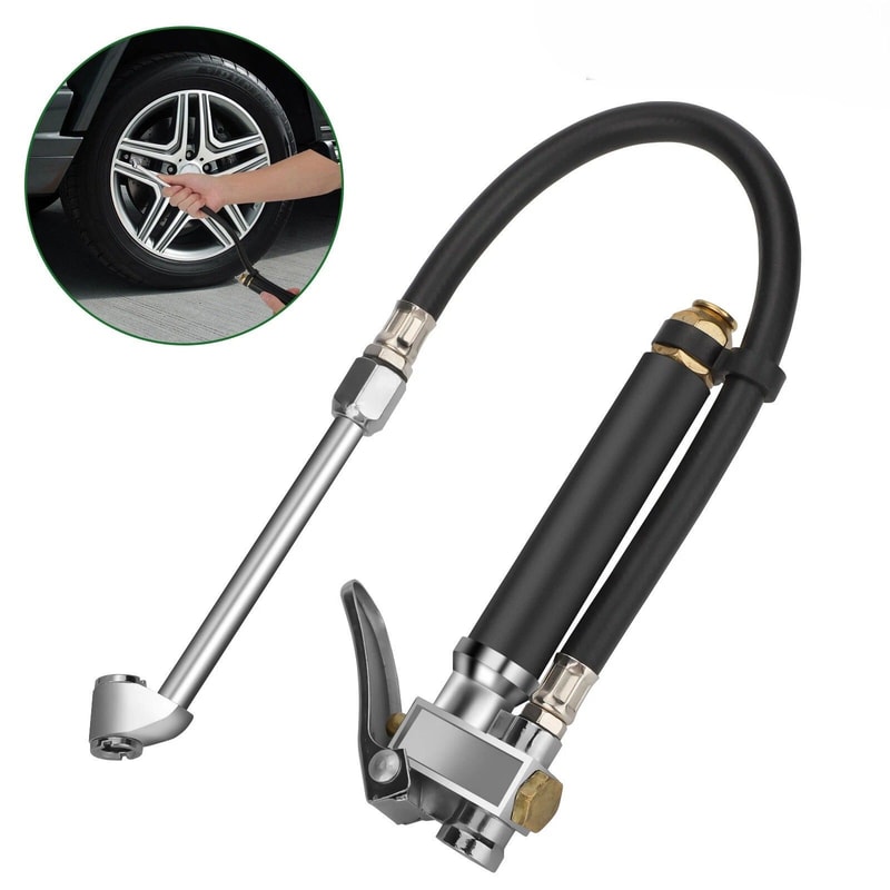 Tire Inflator With Pressure Gauge Dual Head Air Chuck For Easy Inflation HeavyDuty Hose 0