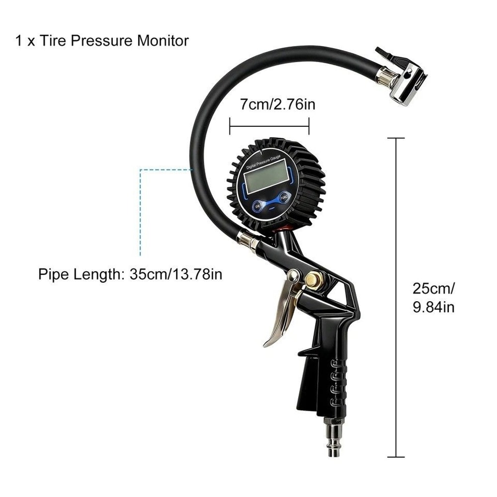 Digital Tire Air Inflator LCD Pressure Gauge PSI Quick Connect NPT Car Heavy Duty Rubber Hose 1