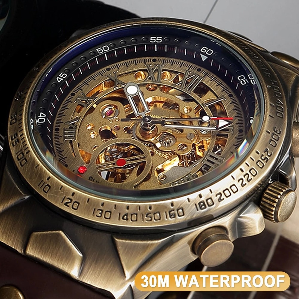 Gold Tone Skeleton Luxury Mens Automatic Mechanical Watch Retro Leather Strap Water Resistant Class 7