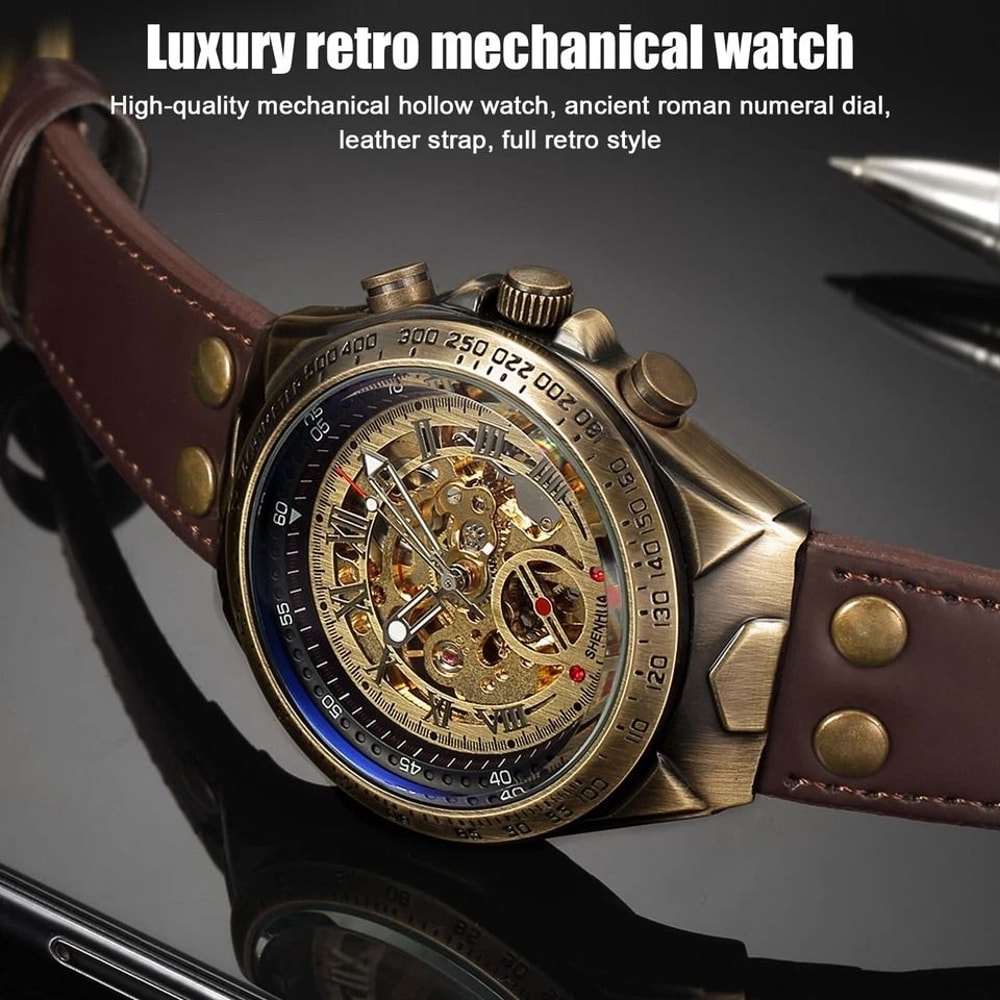 Gold Tone Skeleton Luxury Mens Automatic Mechanical Watch Retro Leather Strap Water Resistant Class 4