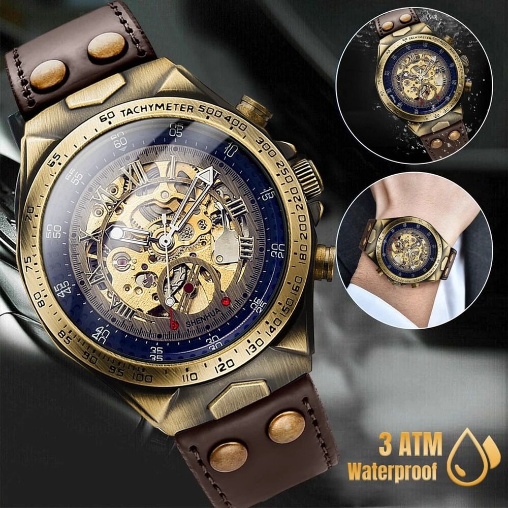 Gold Tone Skeleton Luxury Mens Automatic Mechanical Watch Retro Leather Strap Water Resistant Class 5