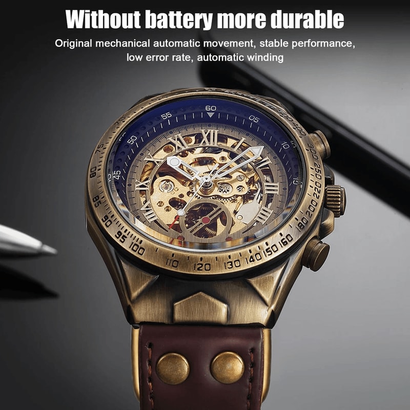Gold Tone Skeleton Luxury Mens Automatic Mechanical Watch Retro Leather Strap Water Resistant Class 6