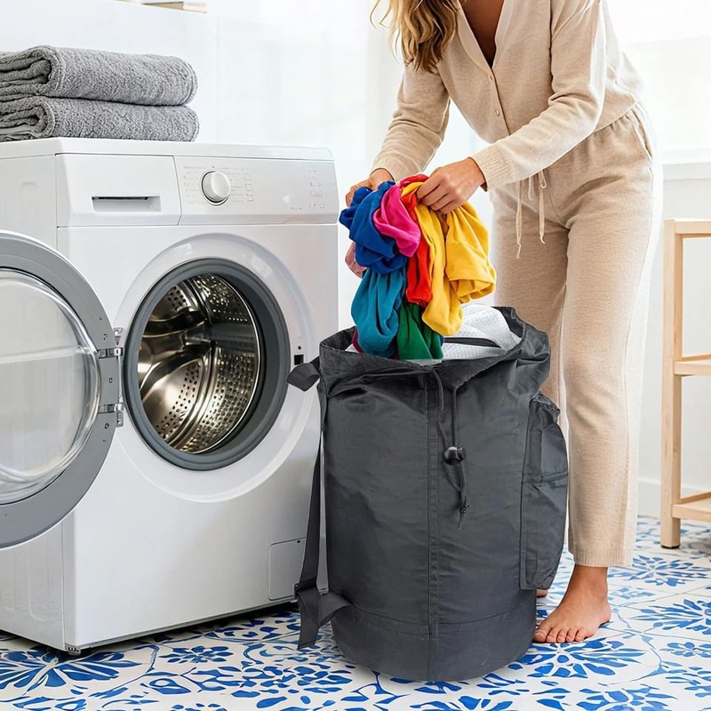 Large Laundry Bag Backpack Heavy Duty Oxford Fabric Buckle Clip Drawstring Closure Adjustable Stra 0