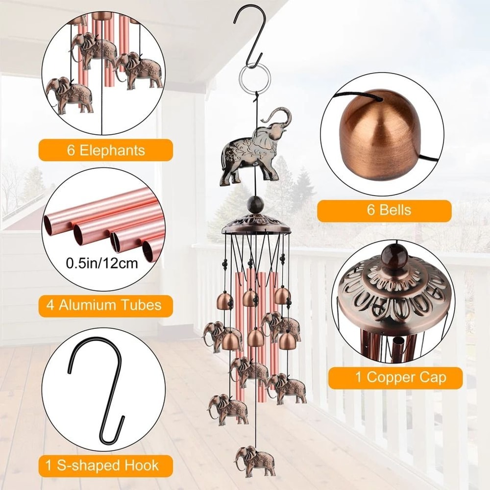 Elephant Wind Chimes Metal Hanging Bells For Outdoor Garden Decor Memorial Gift Calming Sounds For 2