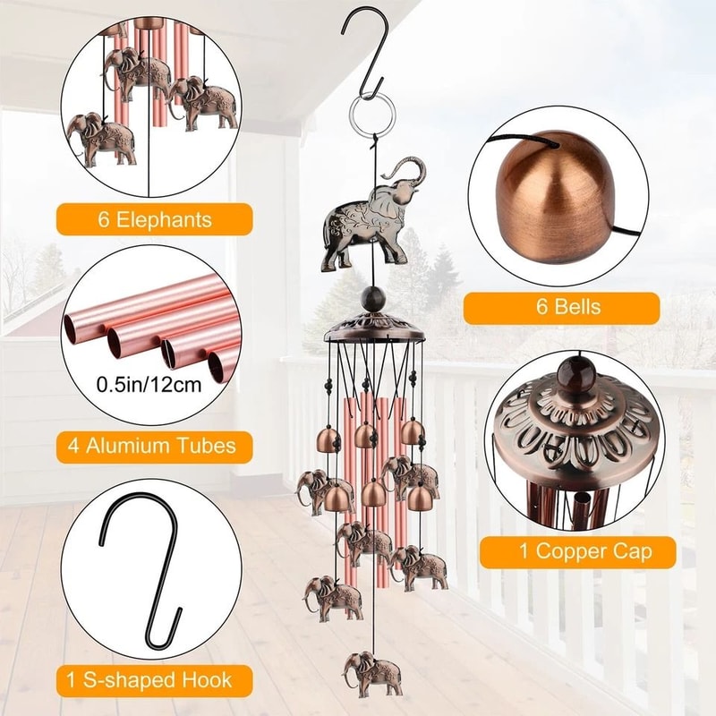 Elephant Wind Chimes Metal Hanging Bells For Outdoor Garden Decor Memorial Gift Calming Sounds For 2
