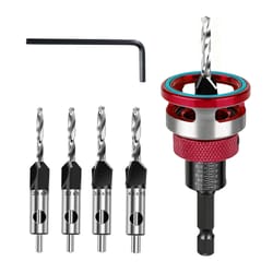 countersink drill bit set, adjustable depth stop, hex shank, includes wrench for smooth cutting in wood and metal