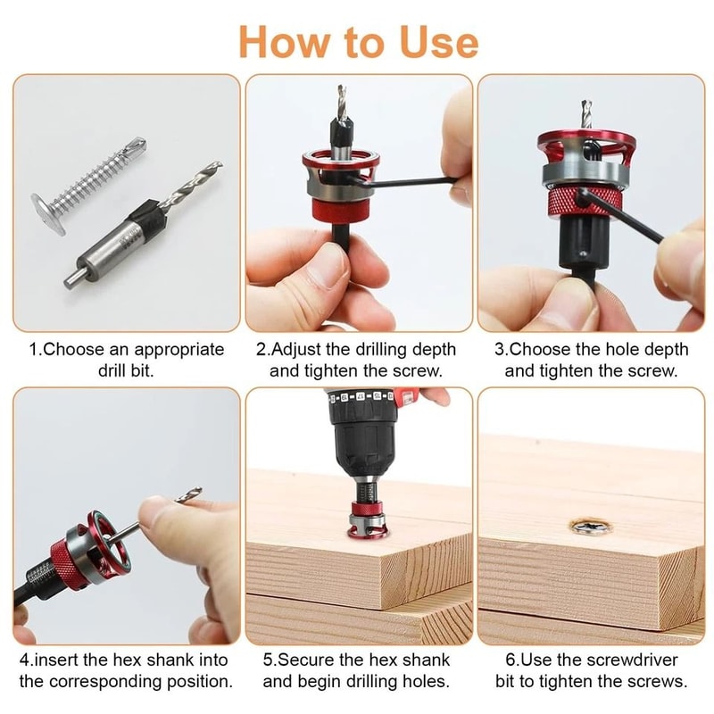 Countersink Drill Bit Set Adjustable Depth Stop Hex Shank Includes Wrench For Smooth Cutting In Woo 1