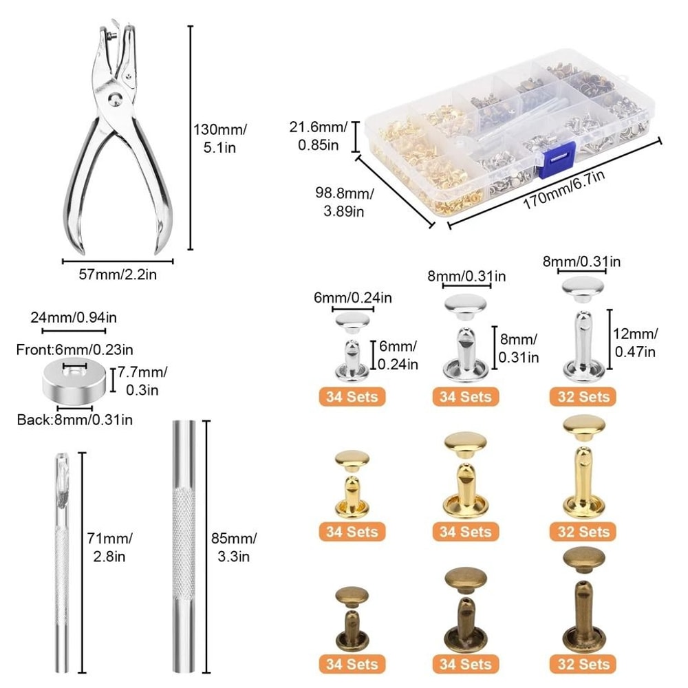 DIY Leather Craft Rivet Set DoubleSided Metal Rivets Kit With Punch Pliers For Fabric Bags Belts 1