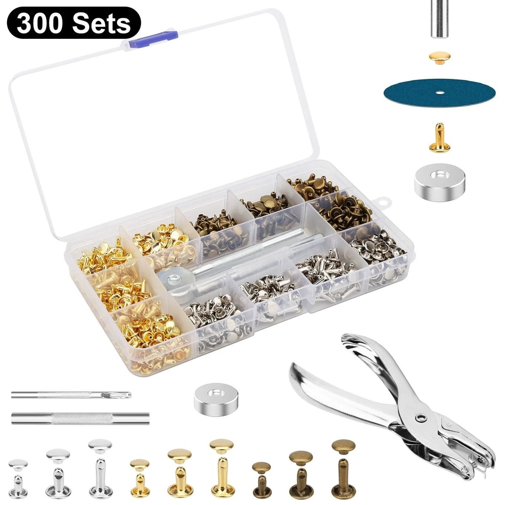 DIY Leather Craft Rivet Set DoubleSided Metal Rivets Kit With Punch Pliers For Fabric Bags Belts 6