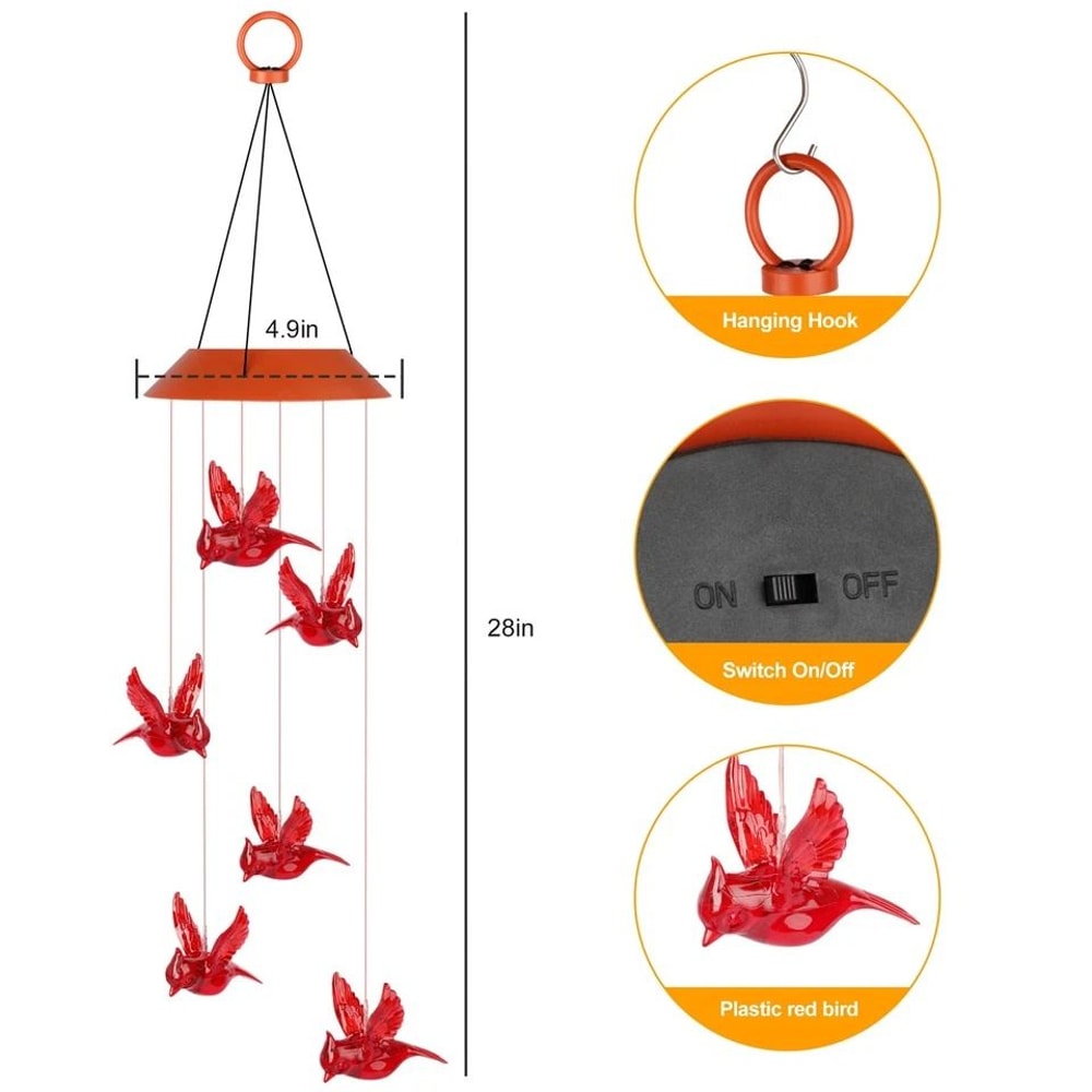 Bird Wind Chimes Light Solar Powered LED Red Outdoor Garden Yard Hang Home Decor Gift 2