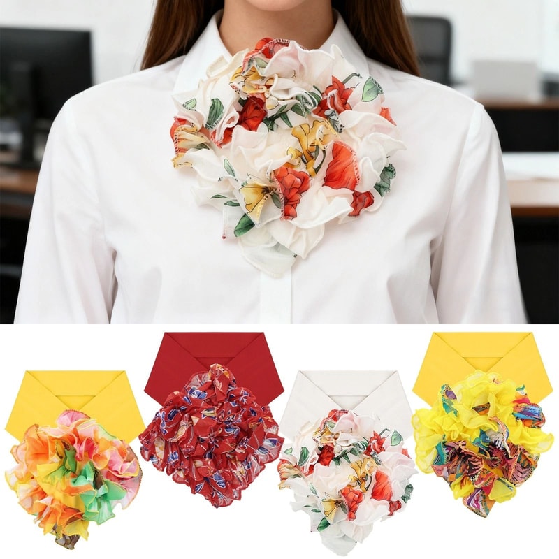 Floral Chiffon Collar Scarf For Women Color Block Elegant Adjustable Neck Wrap Faux Collar 0