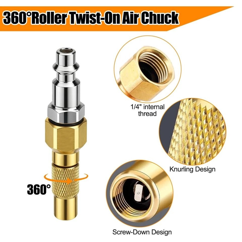 TwistOn Air Chuck Closed Ball Tire Inflator Nozzle NPT For Air Compressors Leak Proof Brass Kit 2