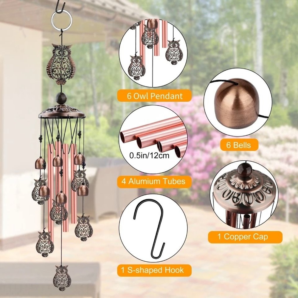 Metal Hanging Bells Owl Wind Chimes Outdoor Garden Home Decor Accent Sympathy Memorial Gift 2