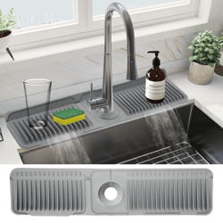 faucet mat for kitchen sink, silicone splash guard with cuttable hole, fast self-draining & leakproof, slope design