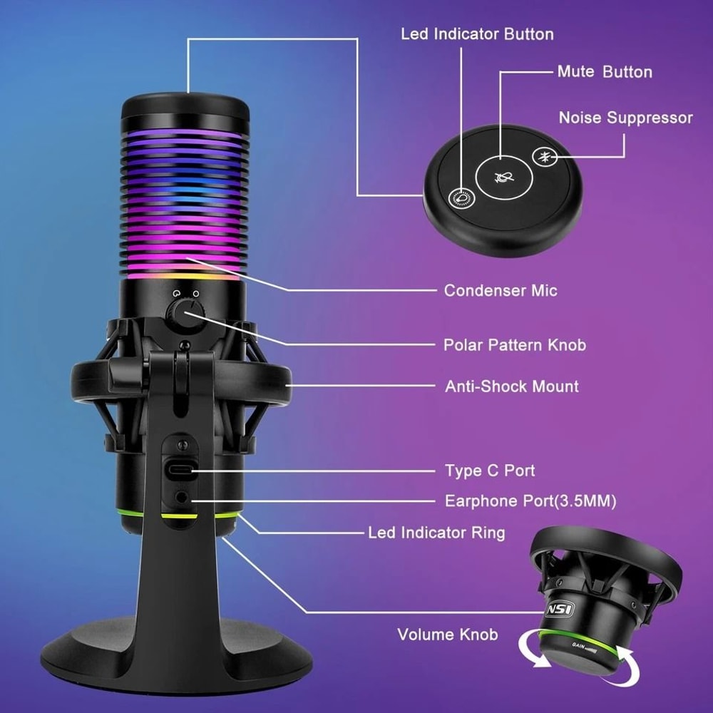 Condenser USB Gaming Microphone Cardioid Omnidirectional Noise Cancellation For PC Laptop Streamin 4