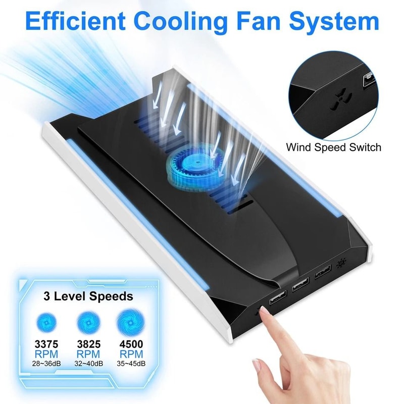 Vertical Cooling Fan Stand For ProSlim RGB Lighting USB Ports For Charging Low Noise Cooling For PS 2