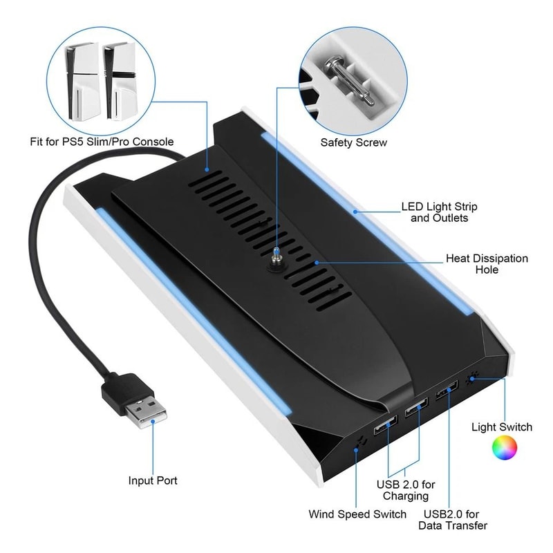 Vertical Cooling Fan Stand For ProSlim RGB Lighting USB Ports For Charging Low Noise Cooling For PS 5