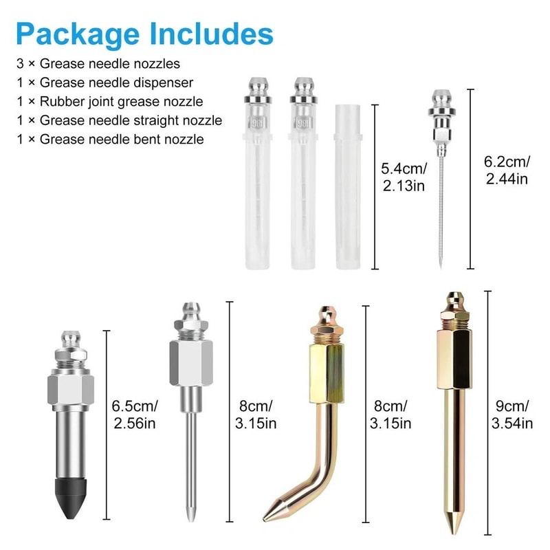 Grease Gun Accessory Kit With Needle Nozzles Rubber Tip Dispenser Adapters For Precision Lubricatio