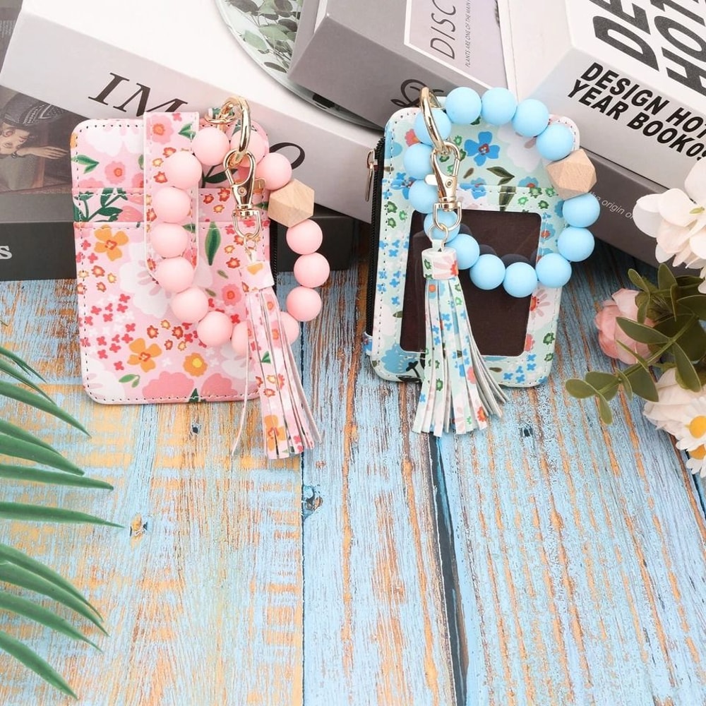 Leather Tassel Wristlet Beaded Wallet Keychain For Women Boho Card Holder Purse Stylish Functional 4