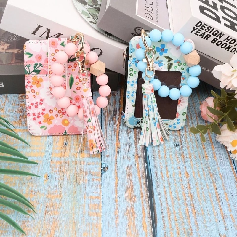 Leather Tassel Wristlet Beaded Wallet Keychain For Women Boho Card Holder Purse Stylish Functional 4