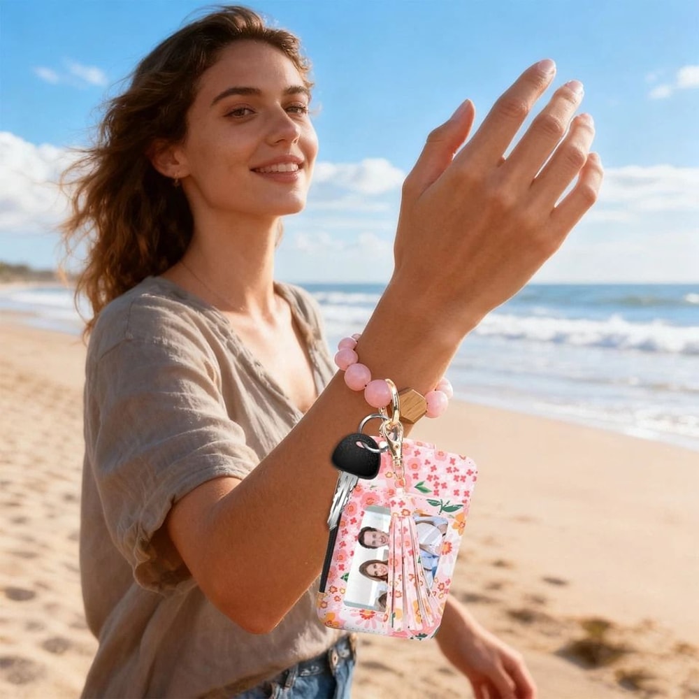 Leather Tassel Wristlet Beaded Wallet Keychain For Women Boho Card Holder Purse Stylish Functional 5