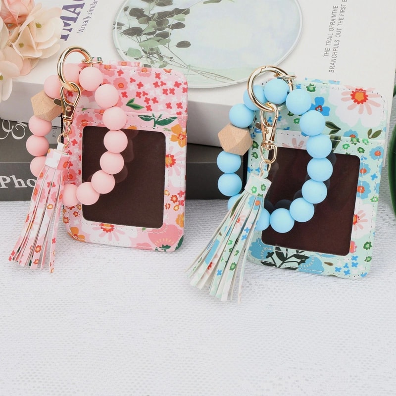 Leather Tassel Wristlet Beaded Wallet Keychain For Women Boho Card Holder Purse Stylish Functional 0