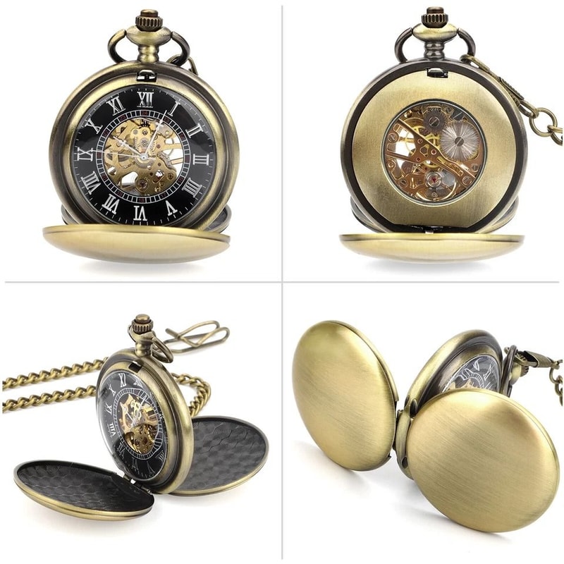 Mens Retro Pocket Watch With Chain Classic Mechanical Movement Vintage Roman Numerals Durable Alloy 4
