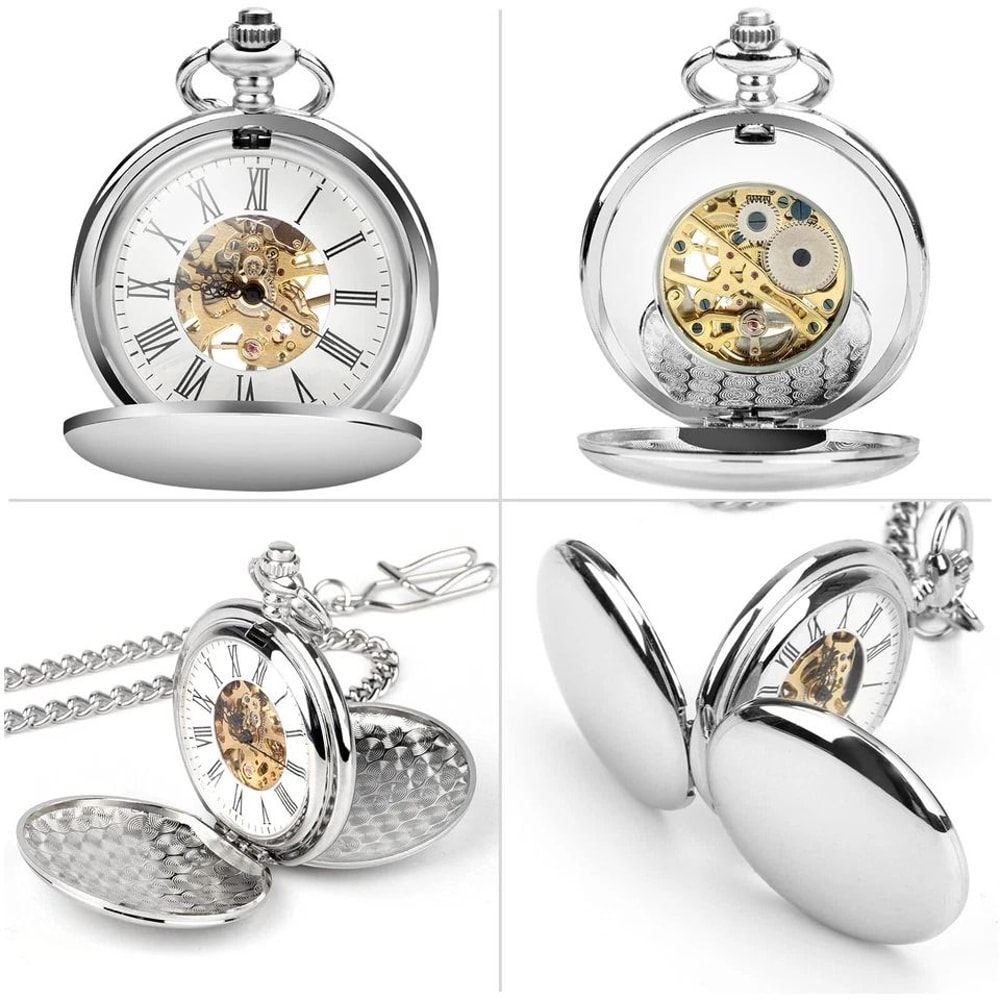 Mens Retro Pocket Watch With Chain Classic Mechanical Movement Vintage Roman Numerals Durable Alloy 5