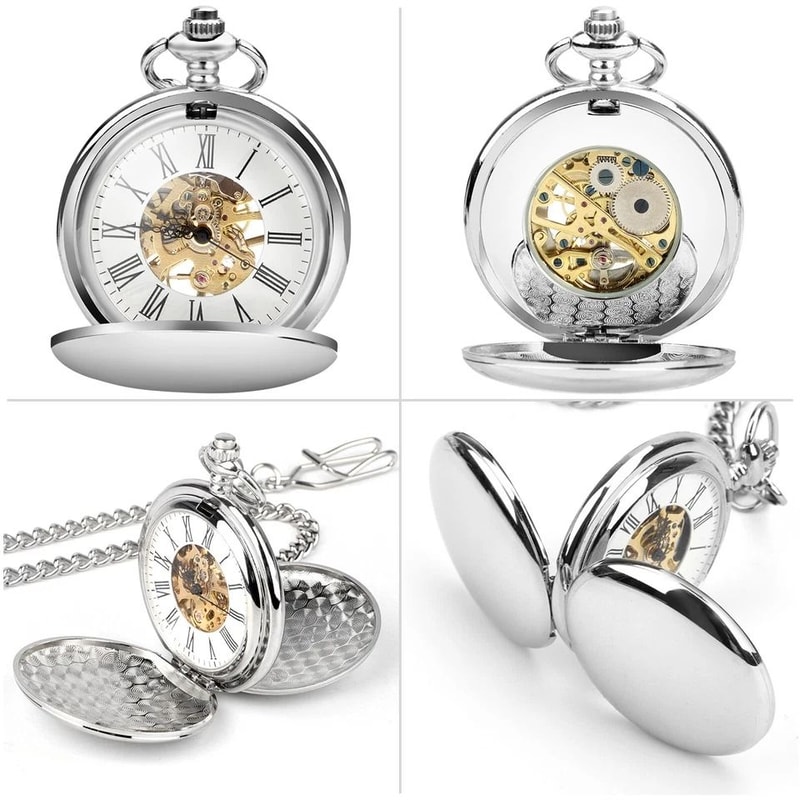Mens Retro Pocket Watch With Chain Classic Mechanical Movement Vintage Roman Numerals Durable Alloy 5