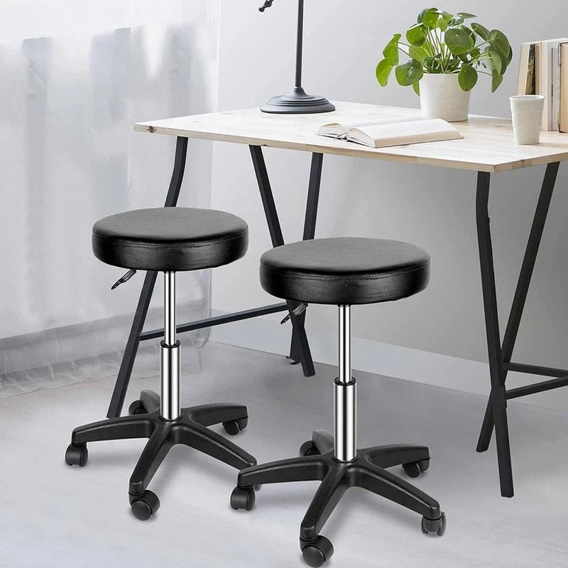 Adjustable Round Rolling Stool Salon Swivel PU Leather Stool Height Adjustable With Wheels Smooth C 1
