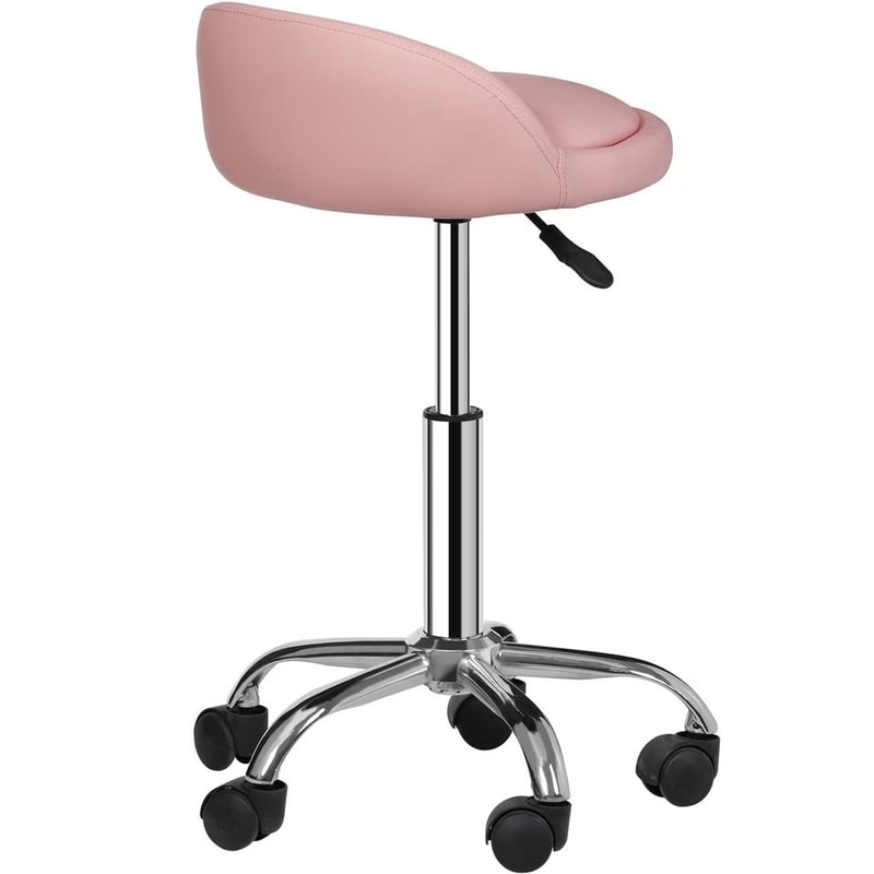 Adjustable PU Leather Rolling Stool Pink Swivel Salon Chair With Cushion Backrest Comfortable Dura 4