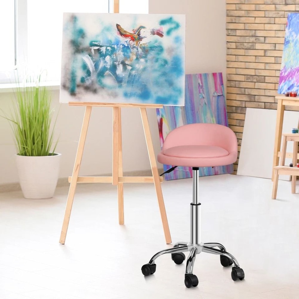 Adjustable PU Leather Rolling Stool Pink Swivel Salon Chair With Cushion Backrest Comfortable Dura 5