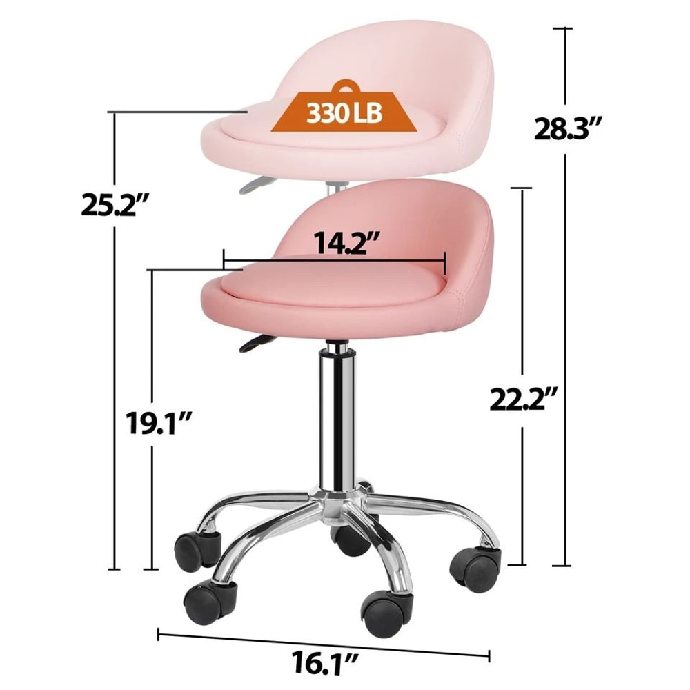 Adjustable PU Leather Rolling Stool Pink Swivel Salon Chair With Cushion Backrest Comfortable Dura 6