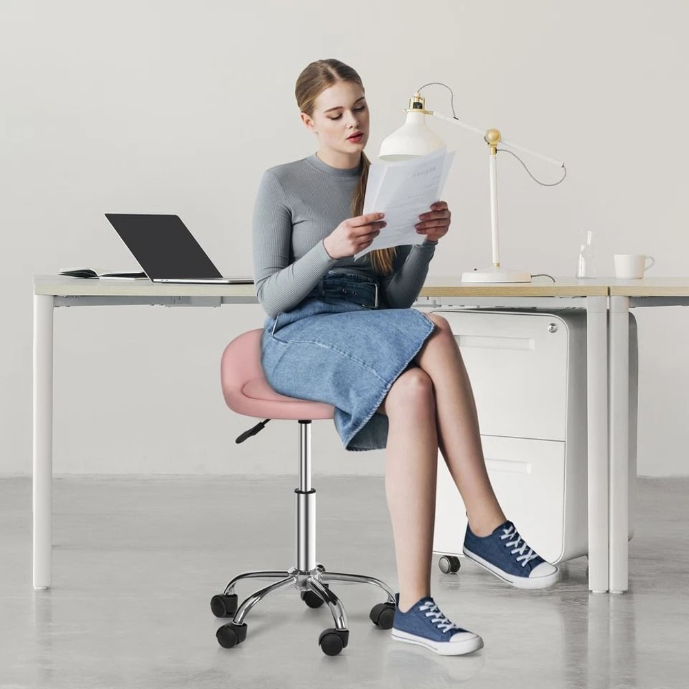 Adjustable PU Leather Rolling Stool Pink Swivel Salon Chair With Cushion Backrest Comfortable Dura 8