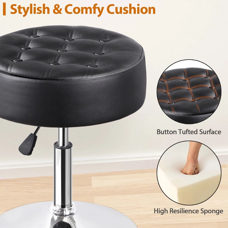 Adjustable Swivel PU Leather Vanity Stool For Makeup Black Ottoman Chair Comfortable Durable Easyto 10