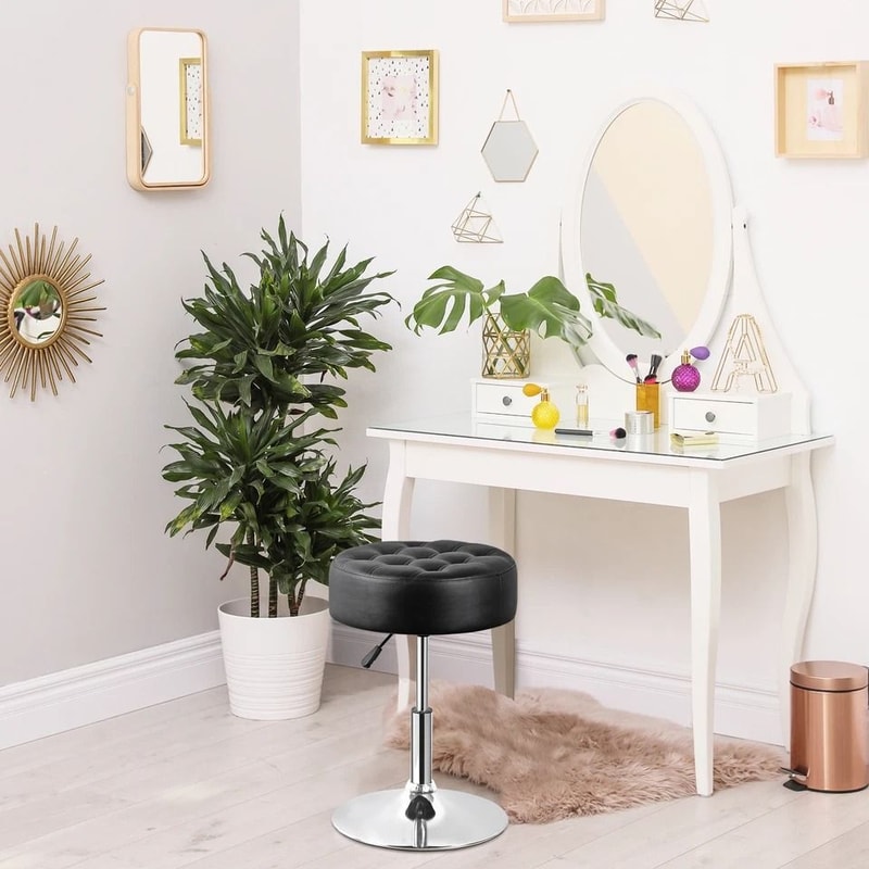 Adjustable Swivel PU Leather Vanity Stool For Makeup Black Ottoman Chair Comfortable Durable Easyto 2