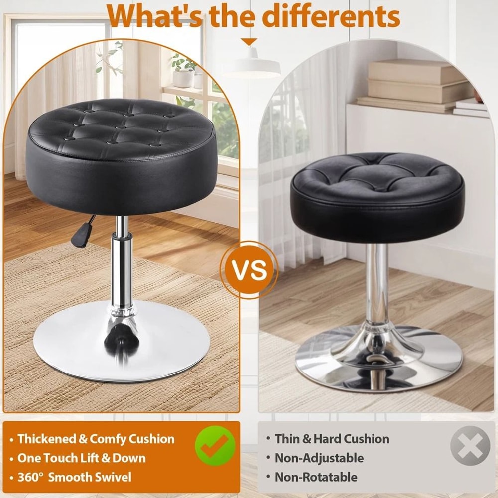 Adjustable Swivel PU Leather Vanity Stool For Makeup Black Ottoman Chair Comfortable Durable Easyto 7