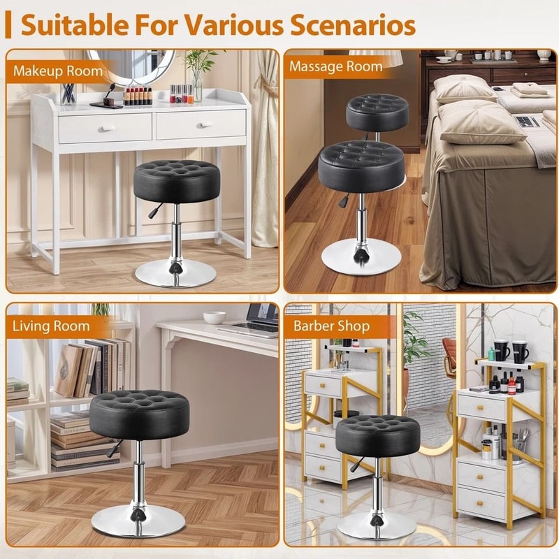 Adjustable Swivel PU Leather Vanity Stool For Makeup Black Ottoman Chair Comfortable Durable Easyto 9