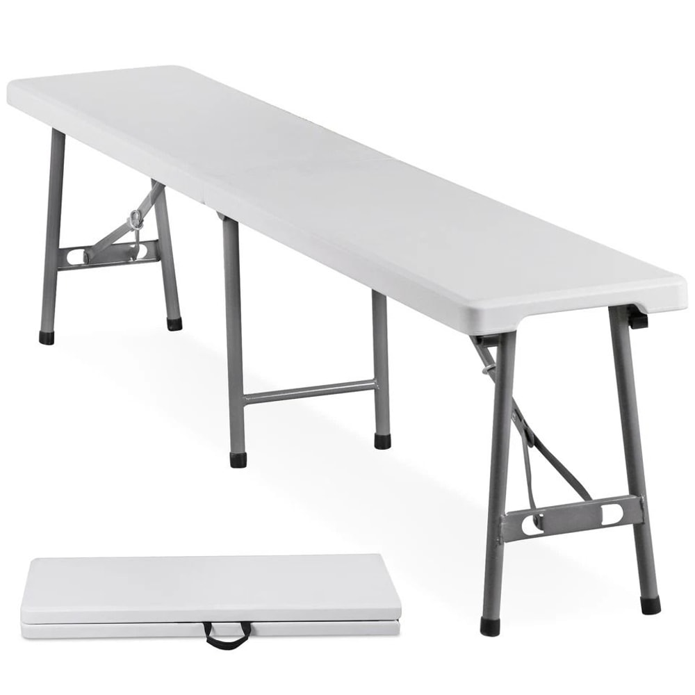Portable Folding Bench White HDPE Seat For Picnic Camping IndoorOutdoor Use Sturdy Metal Frame 0