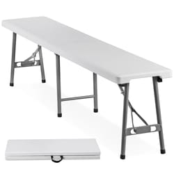 portable folding bench, white hdpe seat for picnic, camping, indoor/outdoor use, sturdy metal frame